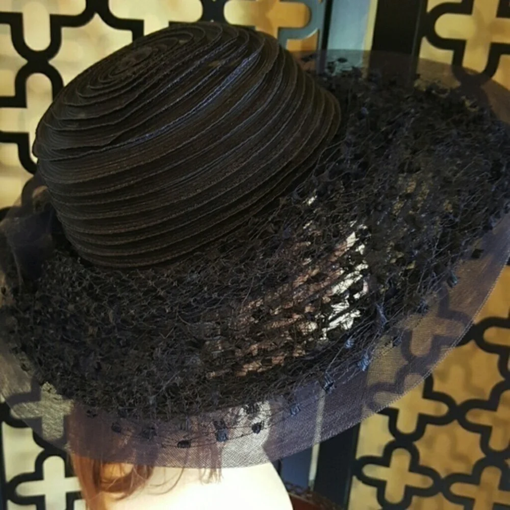 CHRISTIAN DIOR VTG  NAVY DERBY CHURCH TEA HAT‎